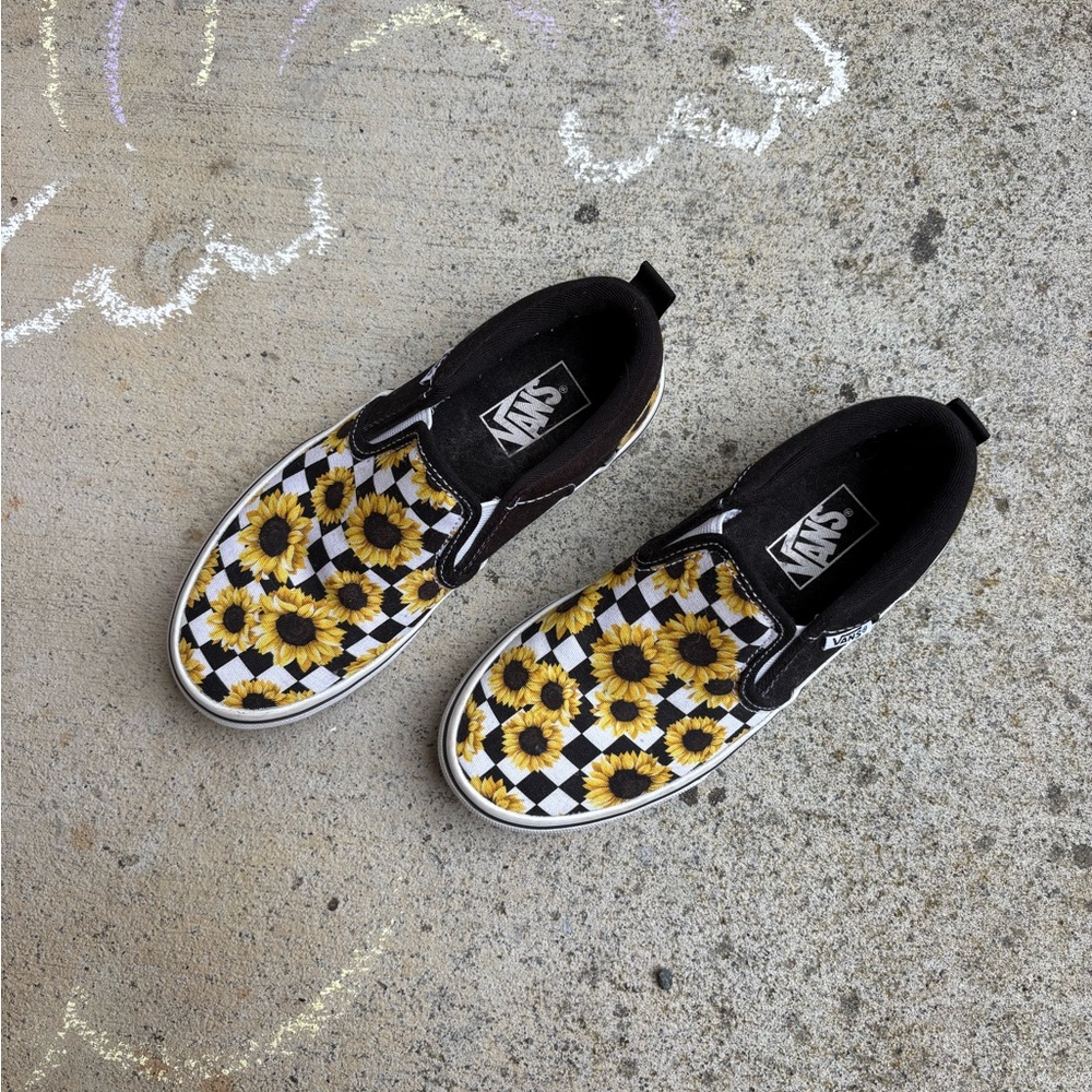 Vans Yellow and Black Sunflower Slip-On Sneakers